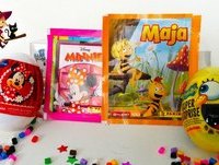 2 Huevos Sorpresa de Minnie Mouse y Bob Esponja y 2 Sobres con cromos de Abeja Maya y Minnie Mouse